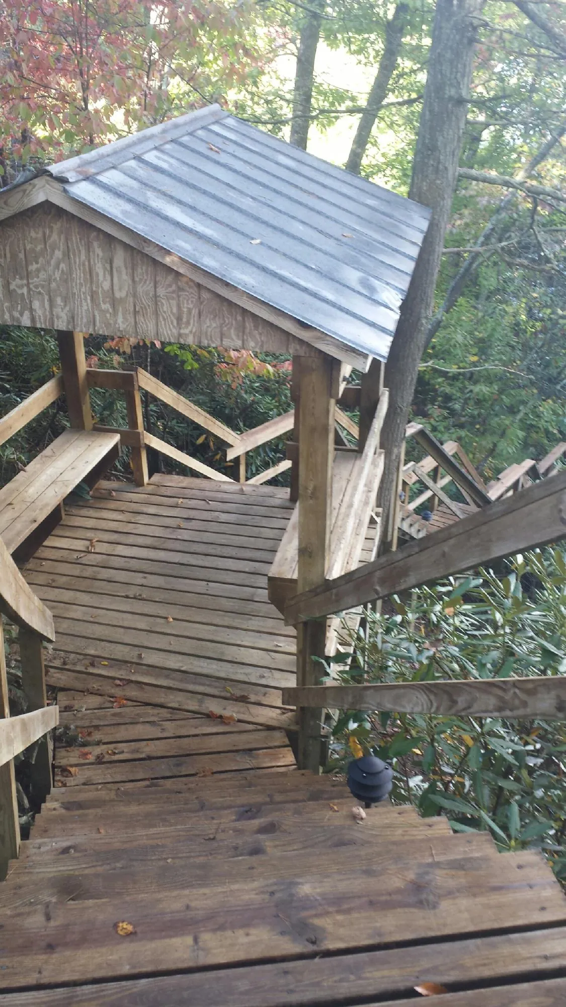 Metal roofed shelter over wooden steps on a wooded walkway — Skylight Repair & Installation work by our crew in Braselton